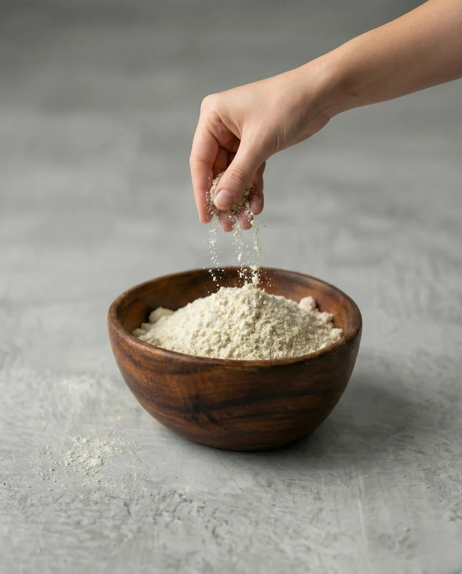 Non-animal casein powder in a wooden bowl