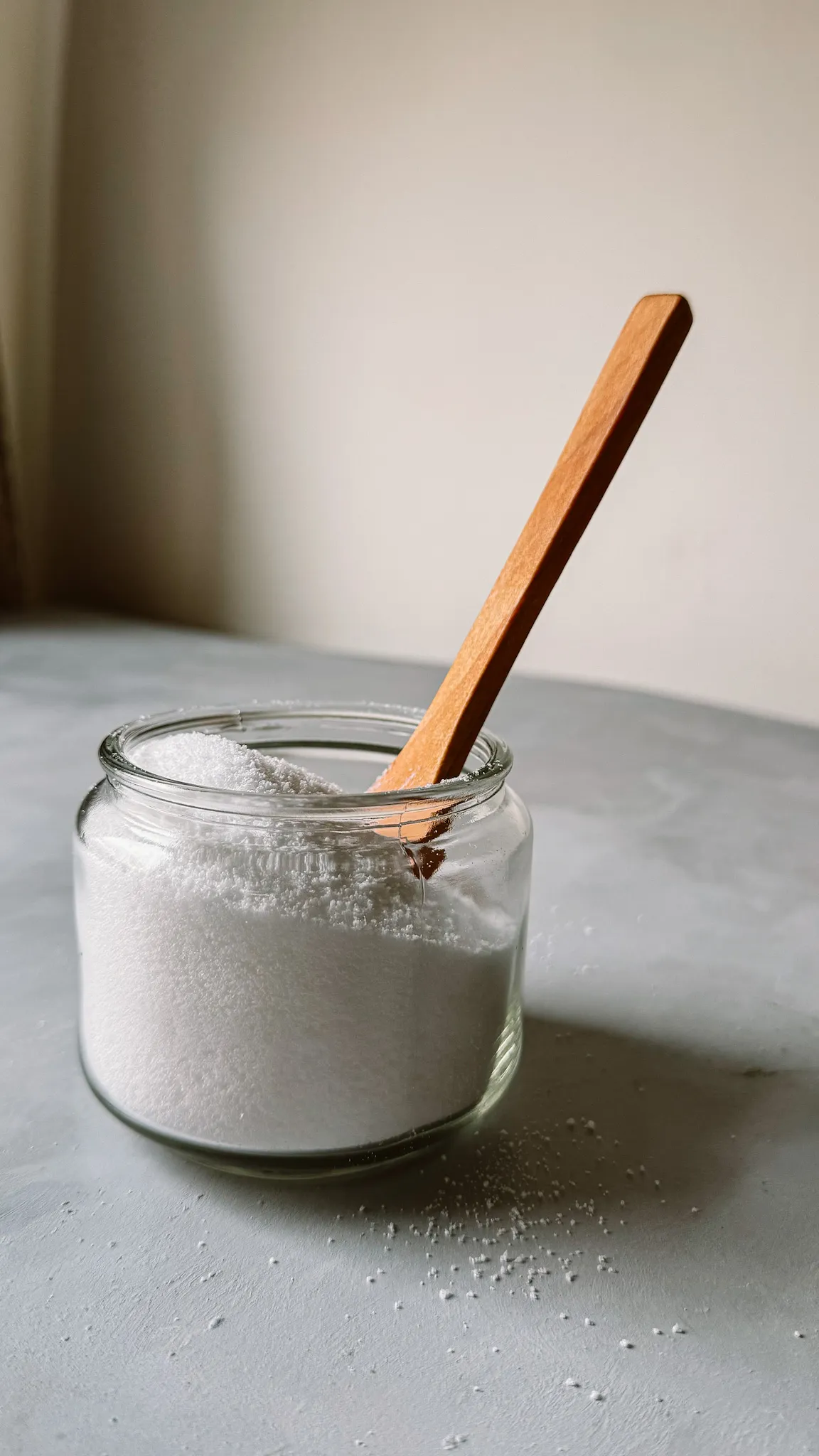 Glass jar of white sweetener crystals with a wooden spoon