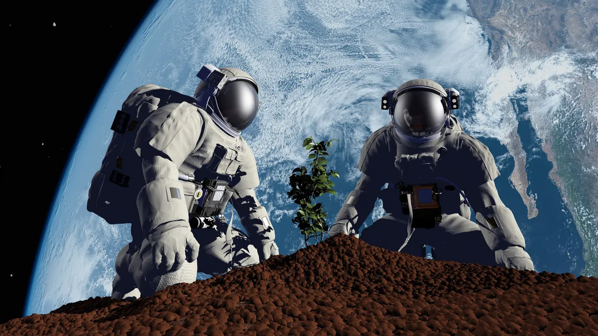 Illustration of two astronauts above the Earth