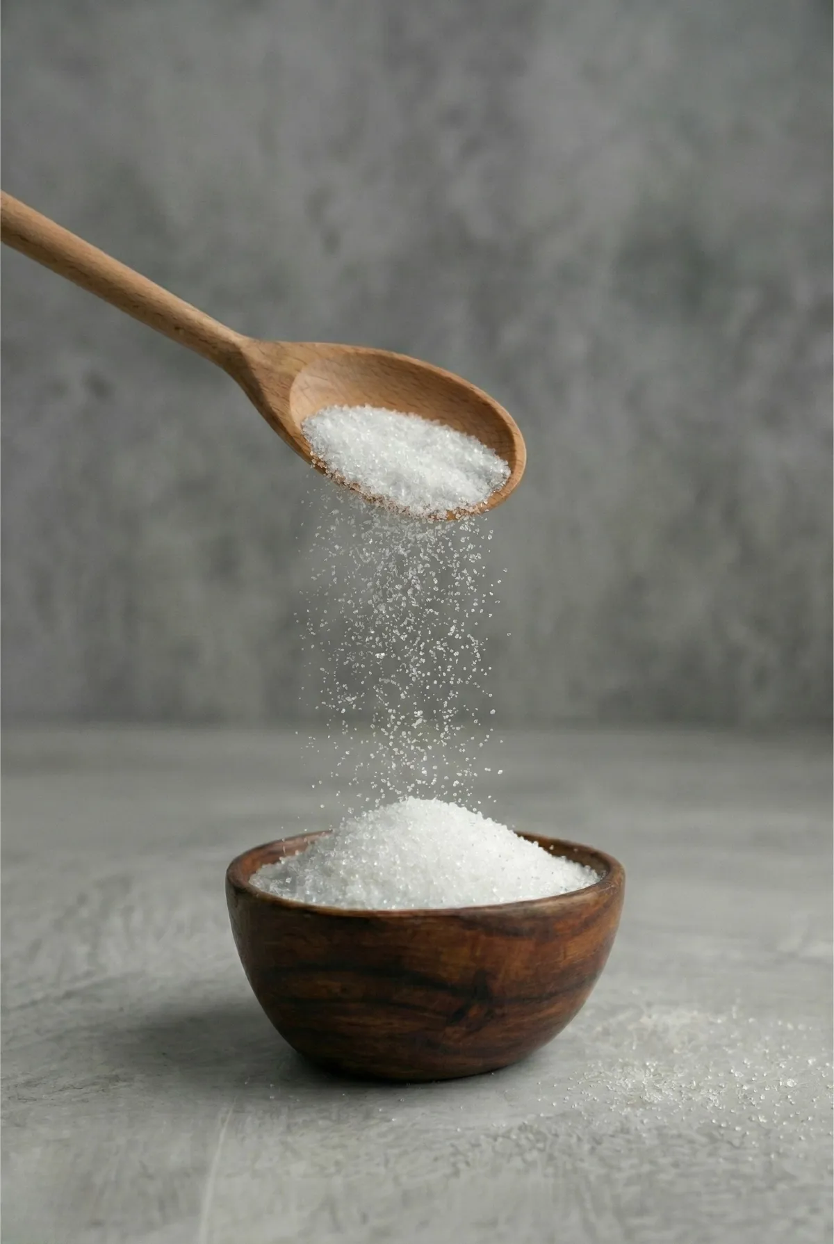 5-KDF sweetener poured from a wooden spoon into a bowl