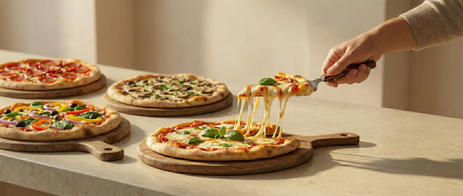 Several pizzas on wooden boards, one slice lifted with stretching melted cheese