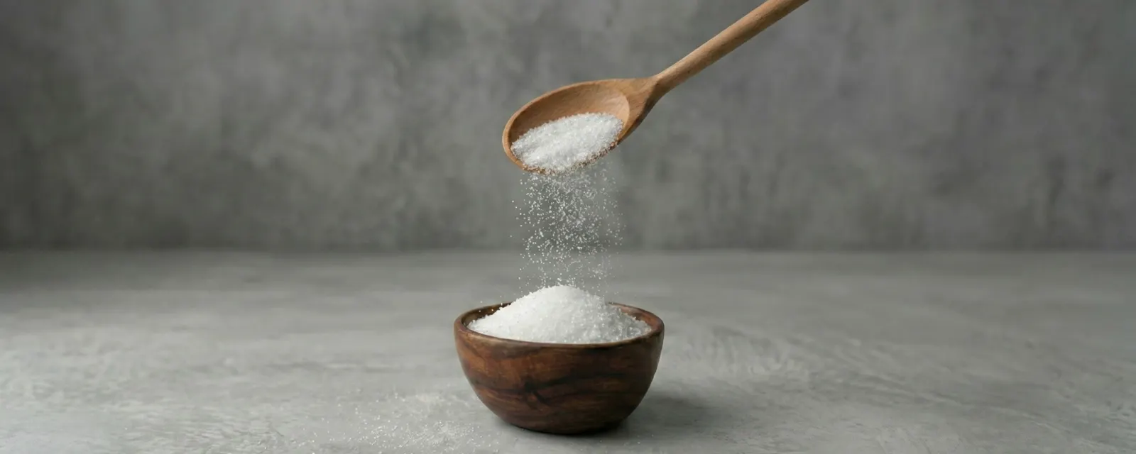 A wooden spoon pouring white crystalline sweetener into a small wooden bowl