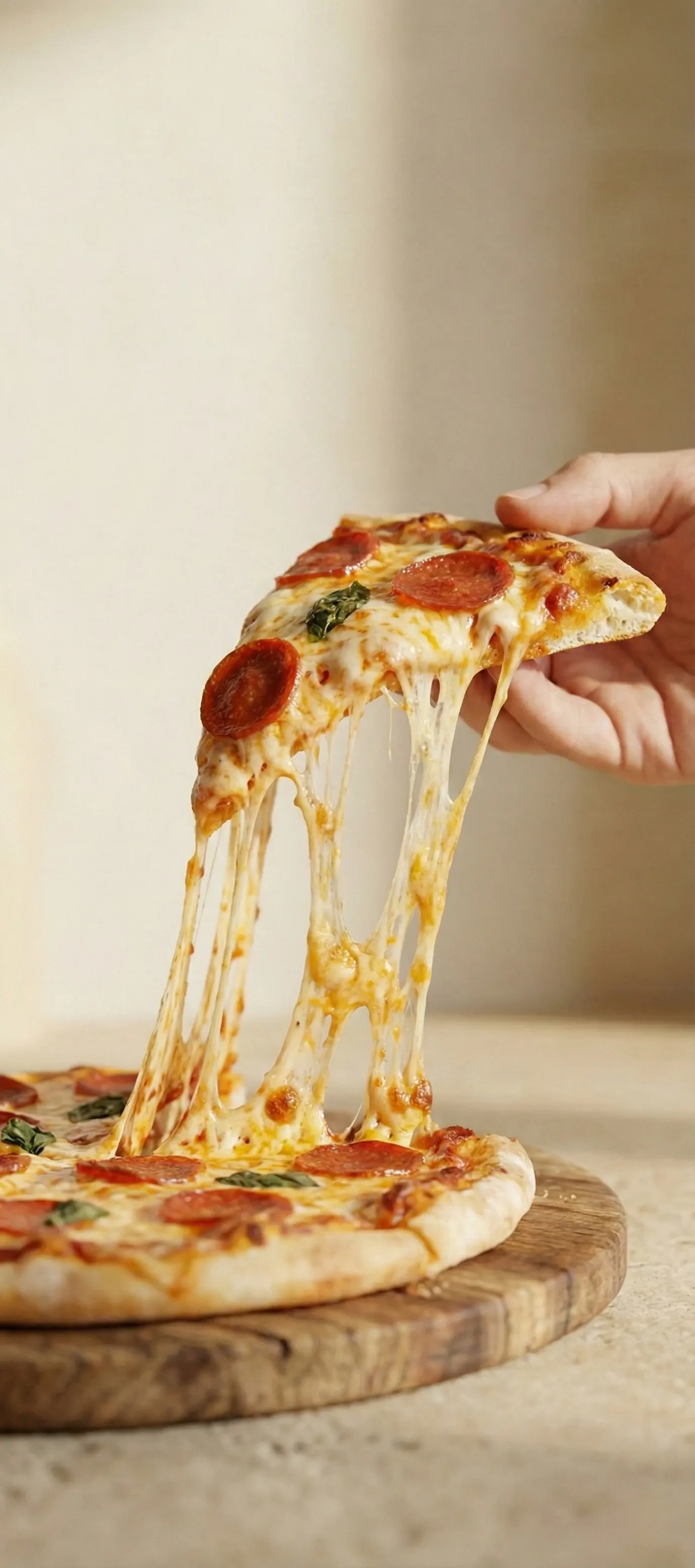 A slice of pepperoni pizza lifted from the pie, with stretching melted cheese