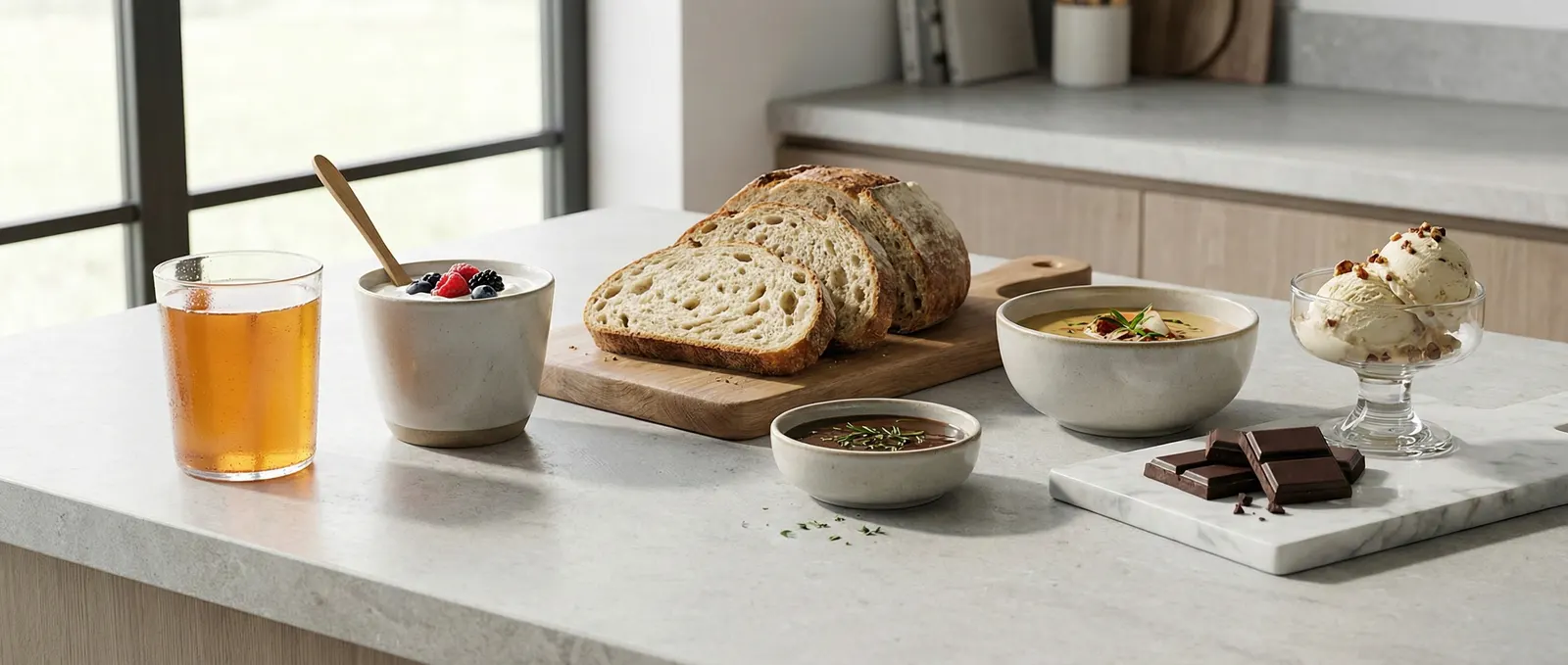 A kitchen counter with iced tea, yogurt with berries, sliced bread, soup, chocolate and ice cream