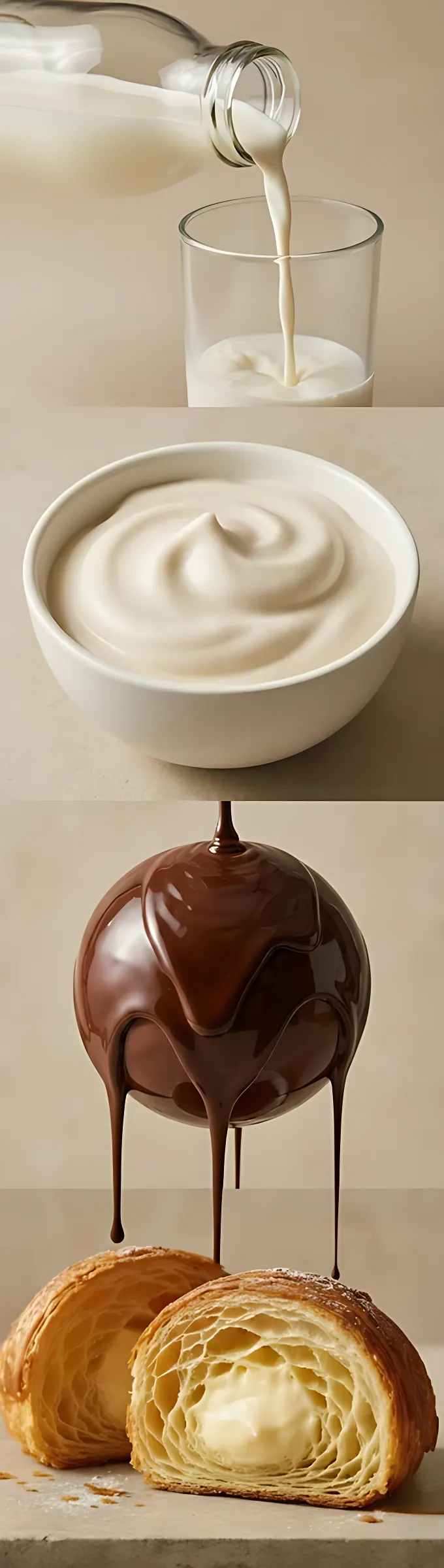 Four food examples: milk poured into a glass, a bowl of cream, chocolate drizzle and a cream-filled croissant