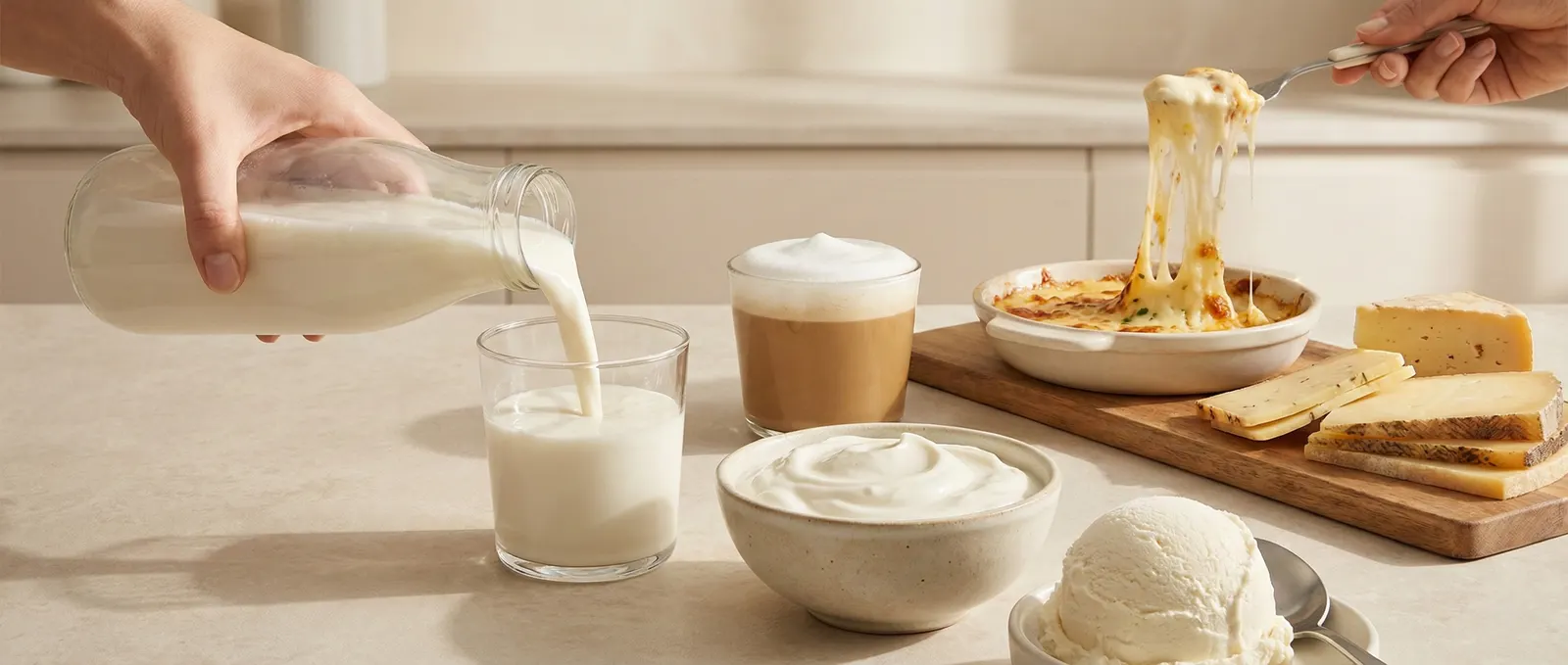 Milk poured into a glass beside yogurt, a latte, ice cream, cheese and a forkful of melted cheese