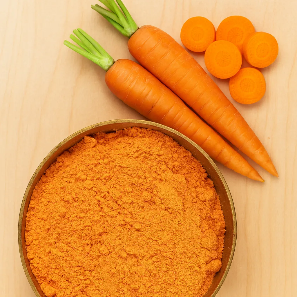 Fresh carrots beside a bowl of orange powder