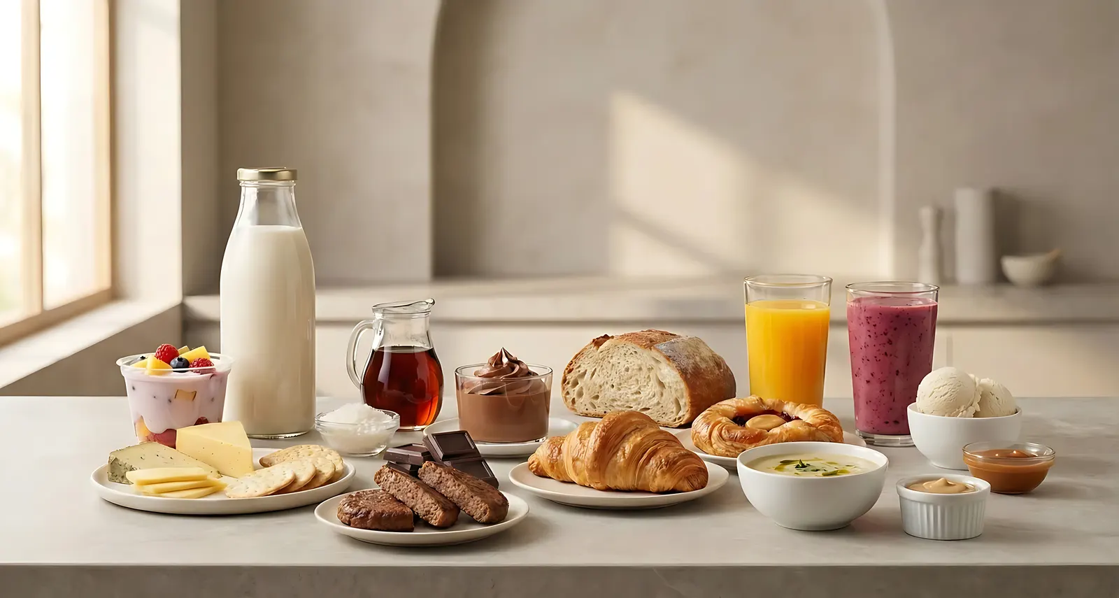 A counter laid with milk, cheese, yogurt, pastries, bread, chocolate and fruit drinks