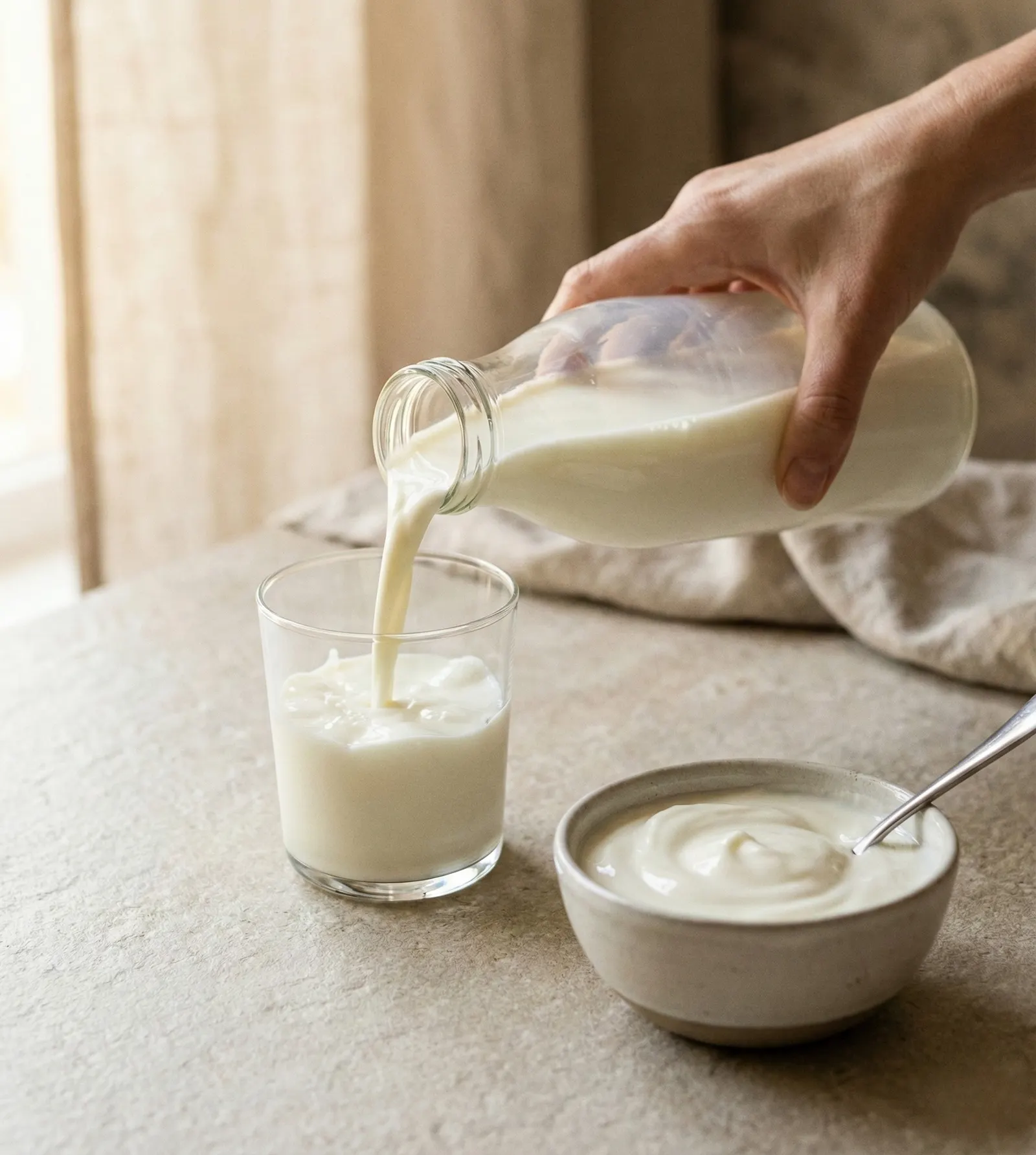 Milk poured from a glass bottle into a glass, next to a bowl of yogurt