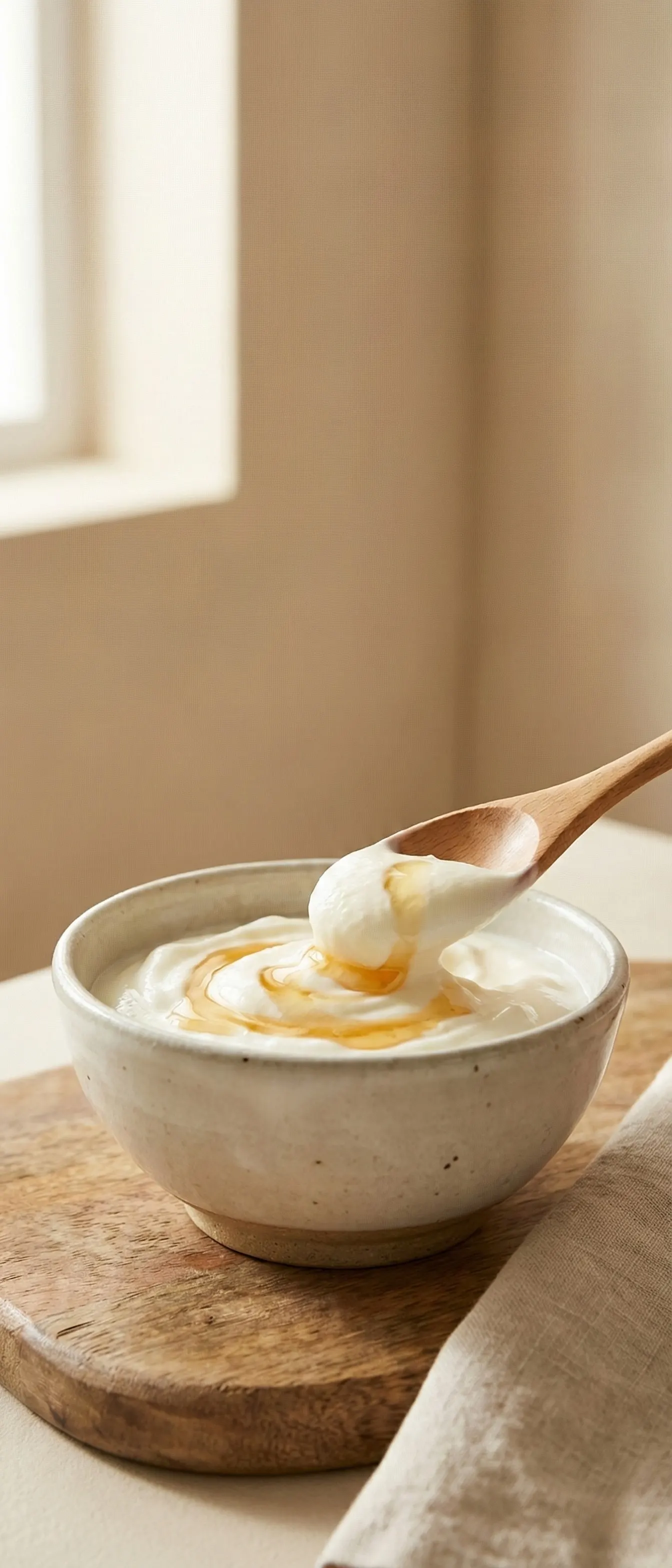 A bowl of yogurt drizzled with syrup, with a wooden spoon