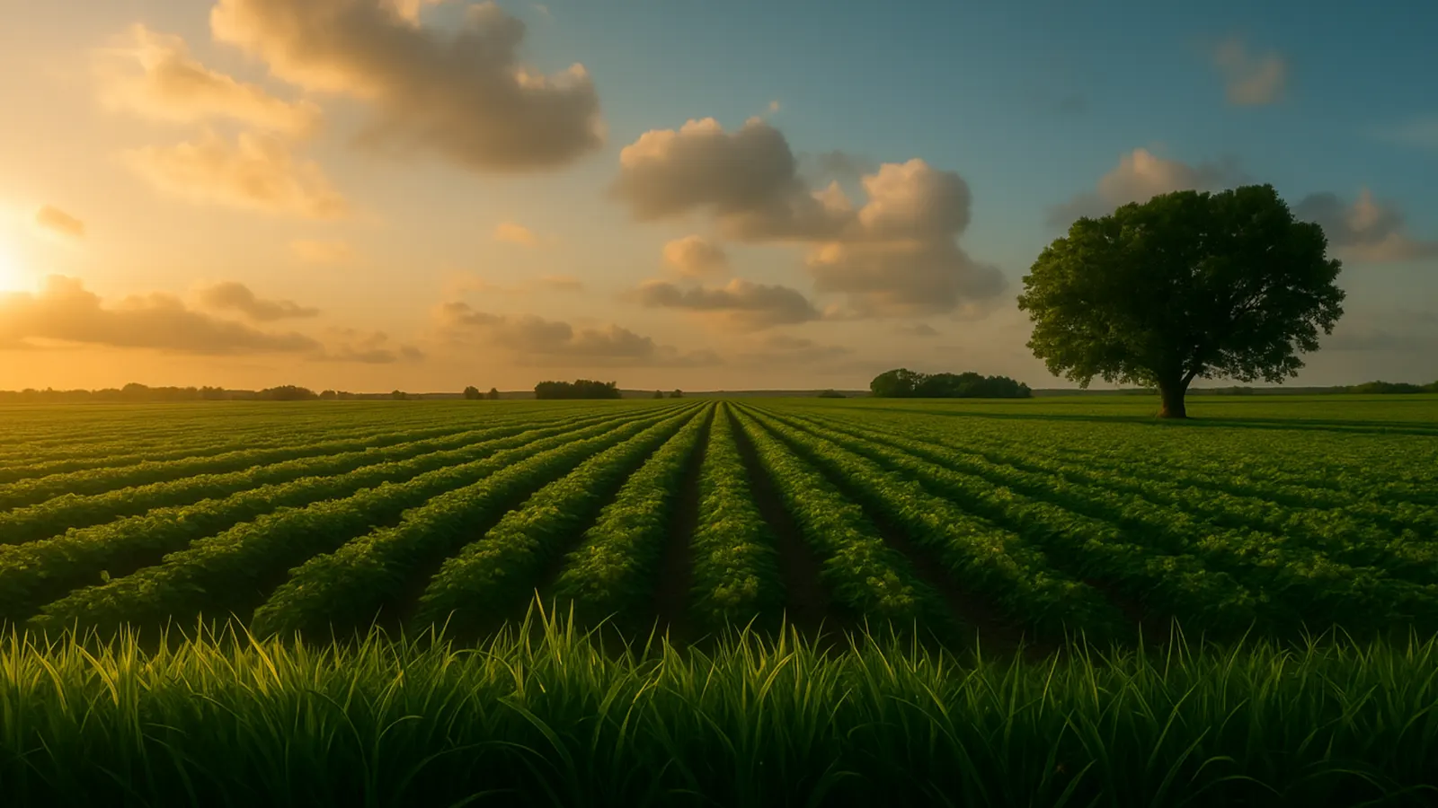 Sunrise over rows of crops in a farm field, with a single tree on the horizon