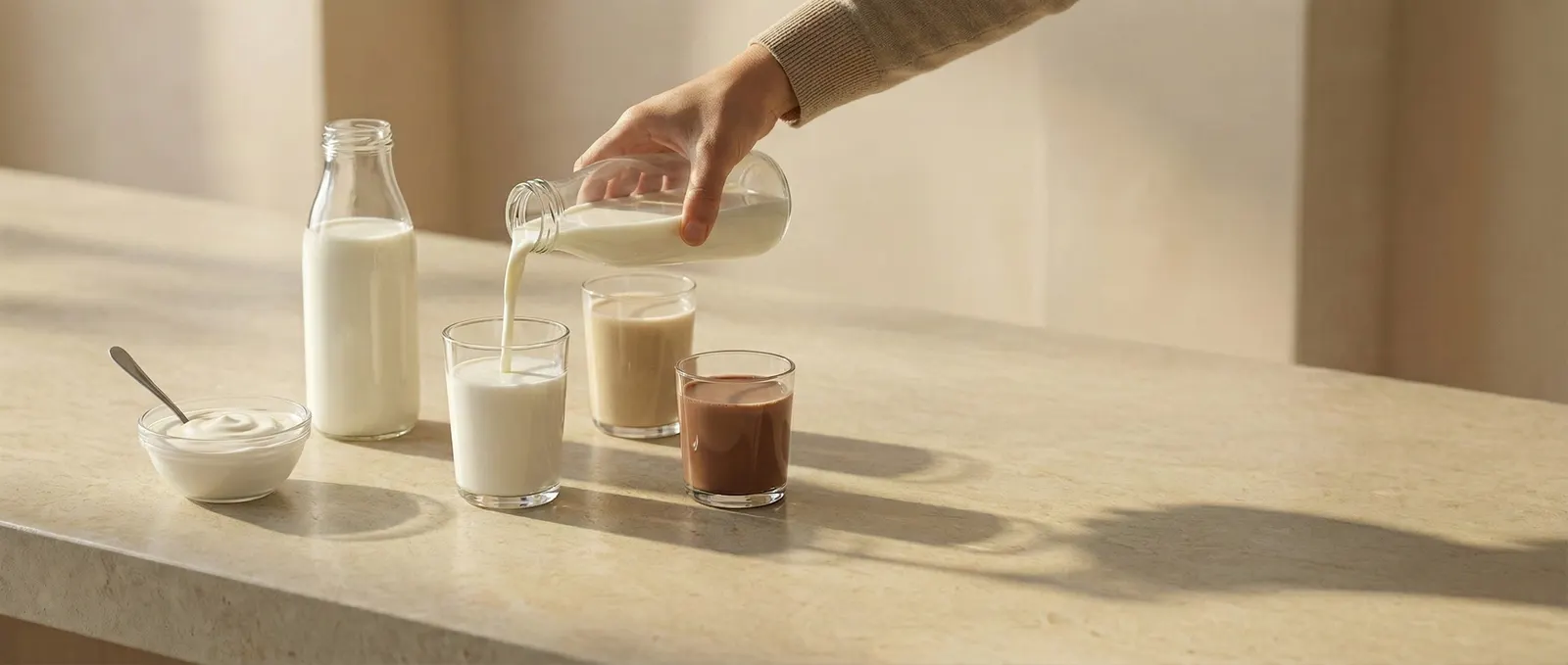 Milk poured from a bottle into glasses of plain and chocolate milk, beside a bowl of yogurt