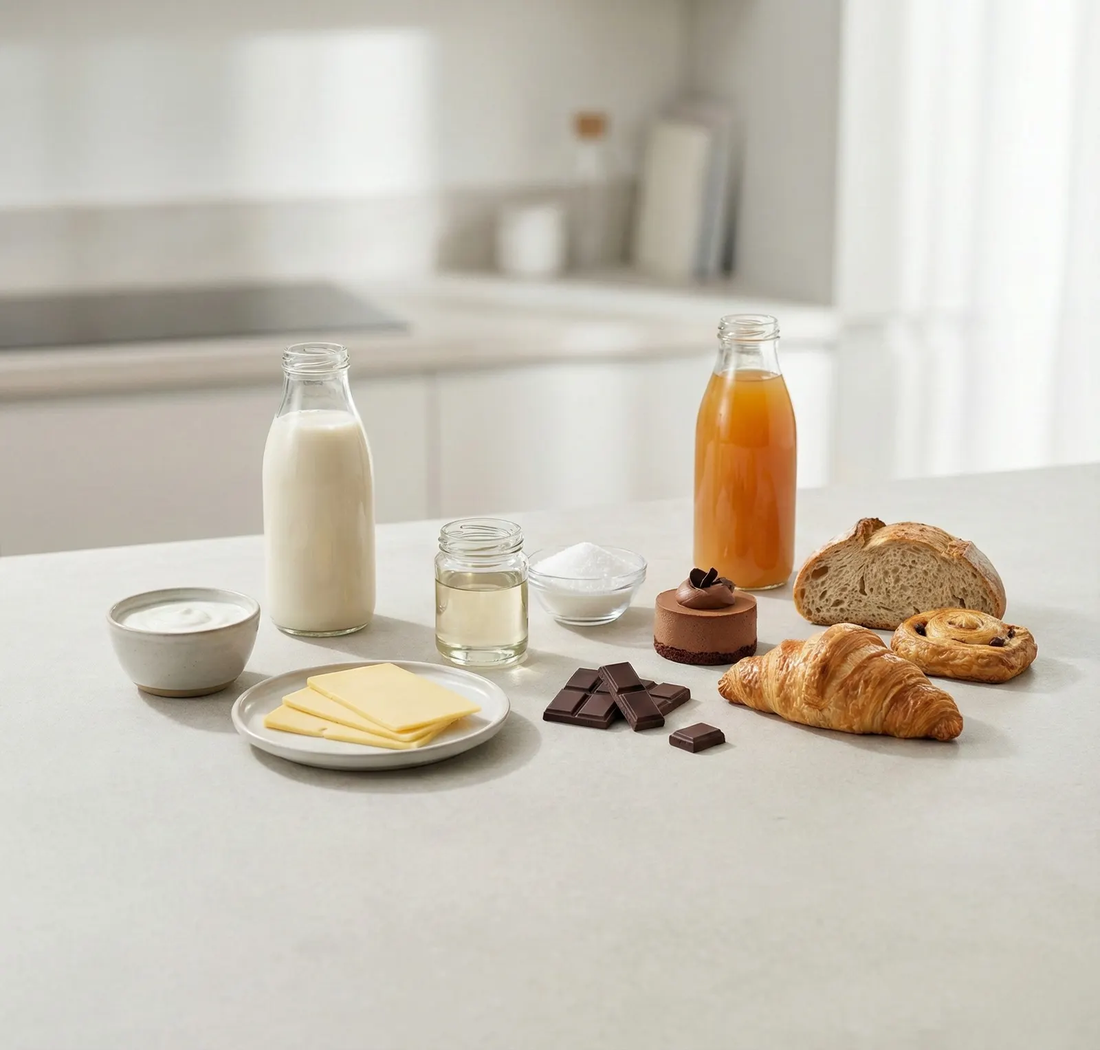 Milk, cheese, yoghurt, juice, bread and croissants arranged on a kitchen counter
