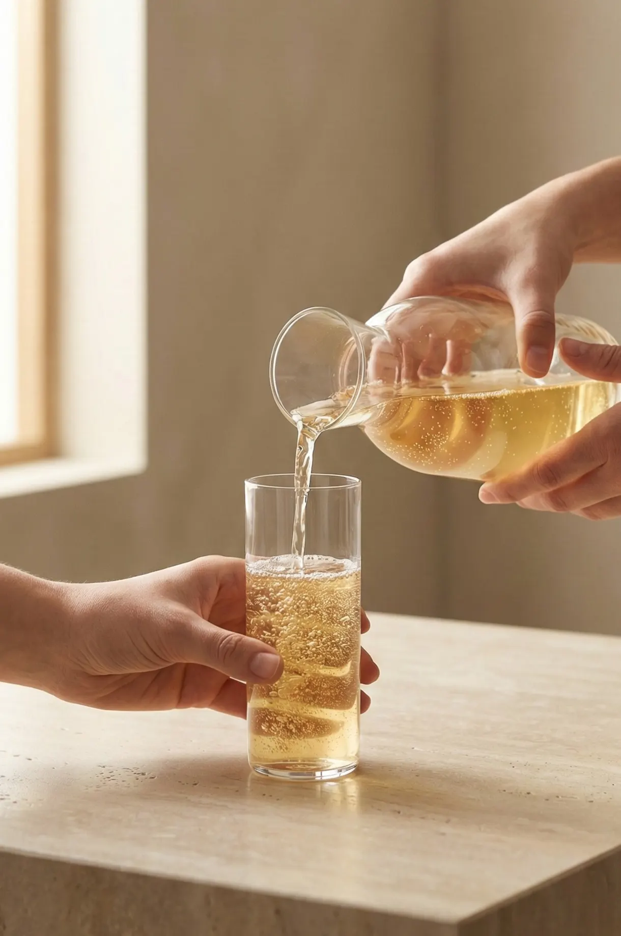 A sparkling drink poured from a bottle into a glass held in someone's hand