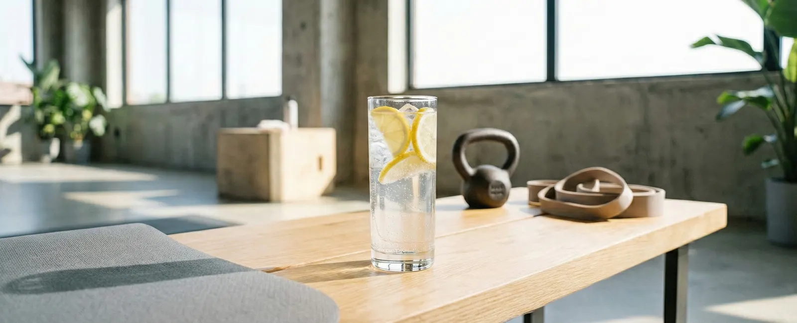A glass of water with lemon slices on a sunlit table beside a kettlebell