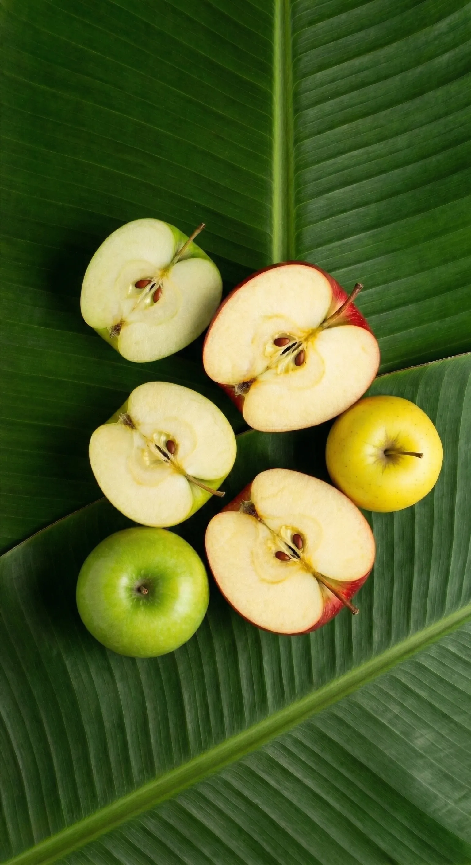Halved red and green apples arranged on a large green leaf