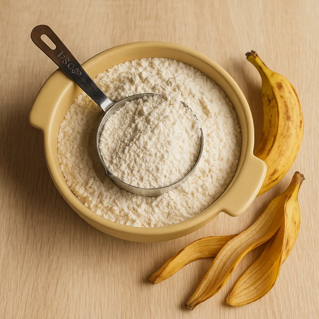 A bowl of pale flour with a scoop, beside banana peels