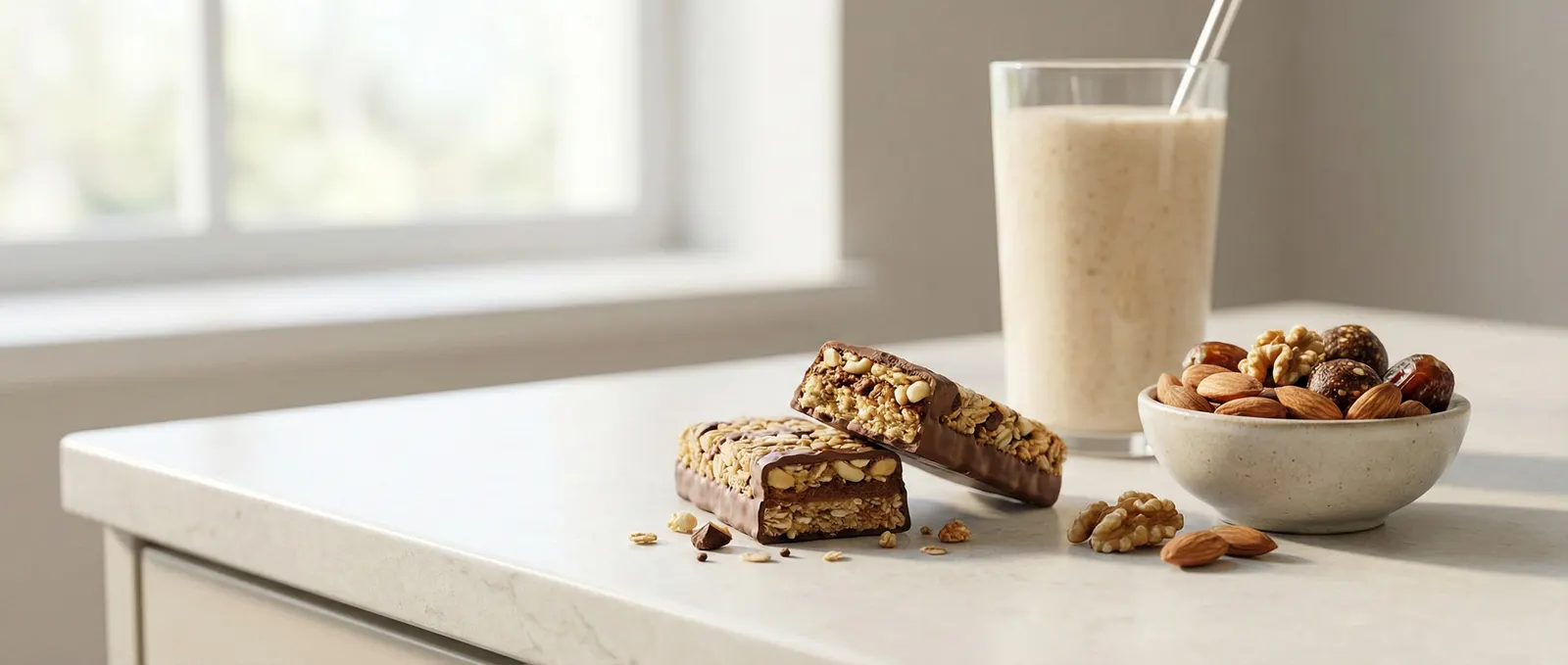 A protein shake with a straw beside a cut snack bar and a bowl of mixed nuts