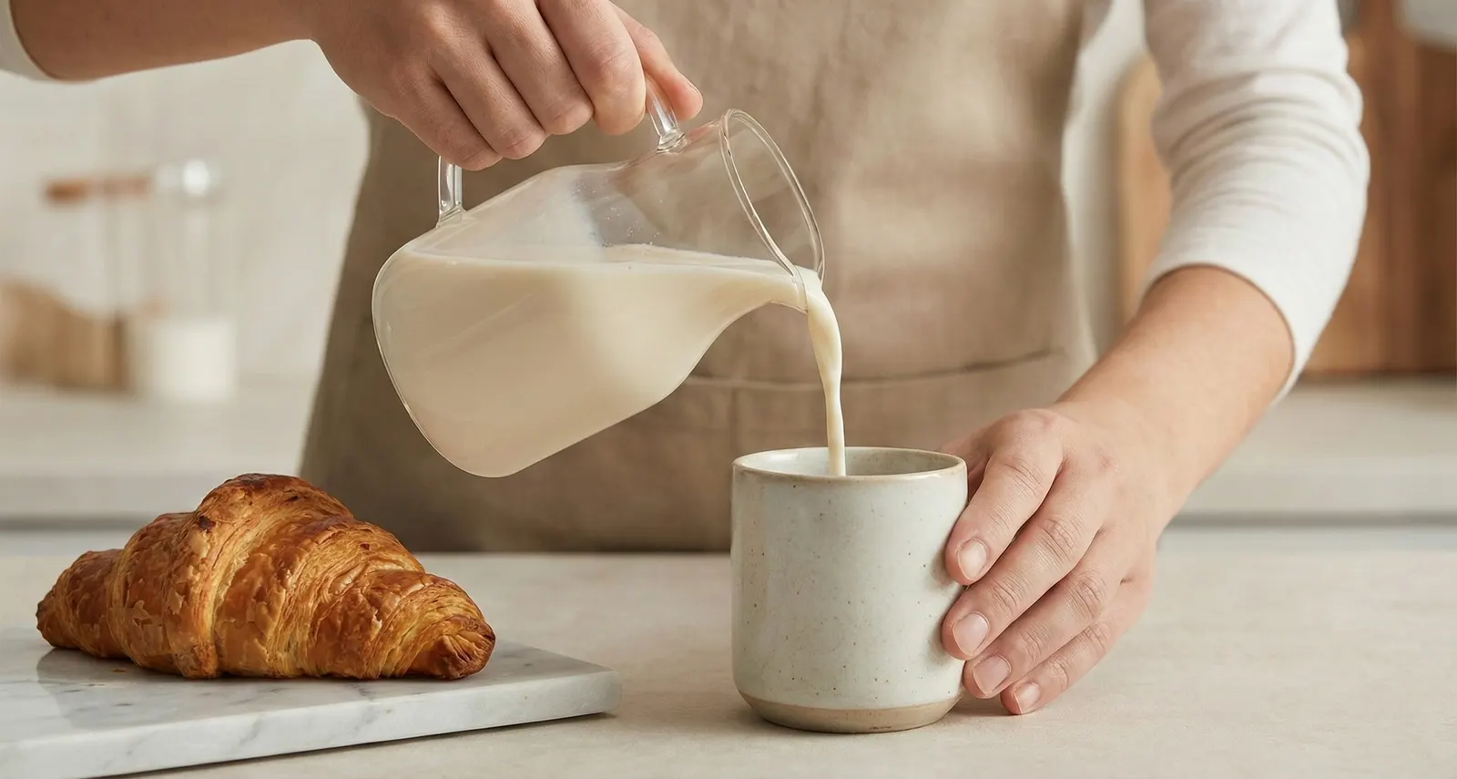 Milk being poured from a jug into a mug next to a croissant