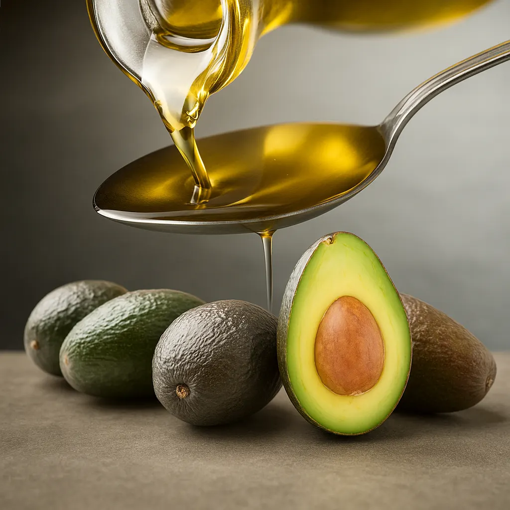 Oil poured onto a spoon above halved avocados