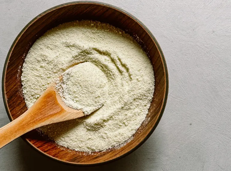 Pale protein powder in a wooden bowl with a wooden spoon, representing non-animal casein