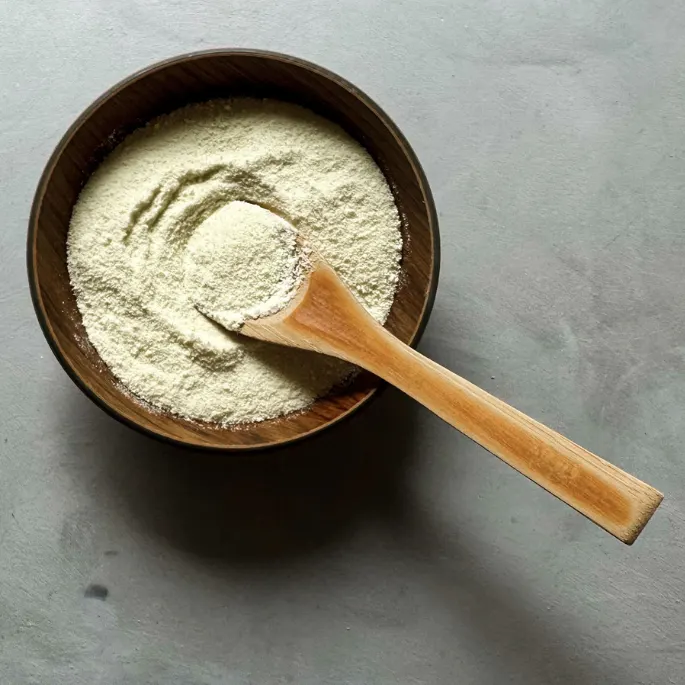 Top view of a wooden bowl of pale protein powder with a wooden spoon