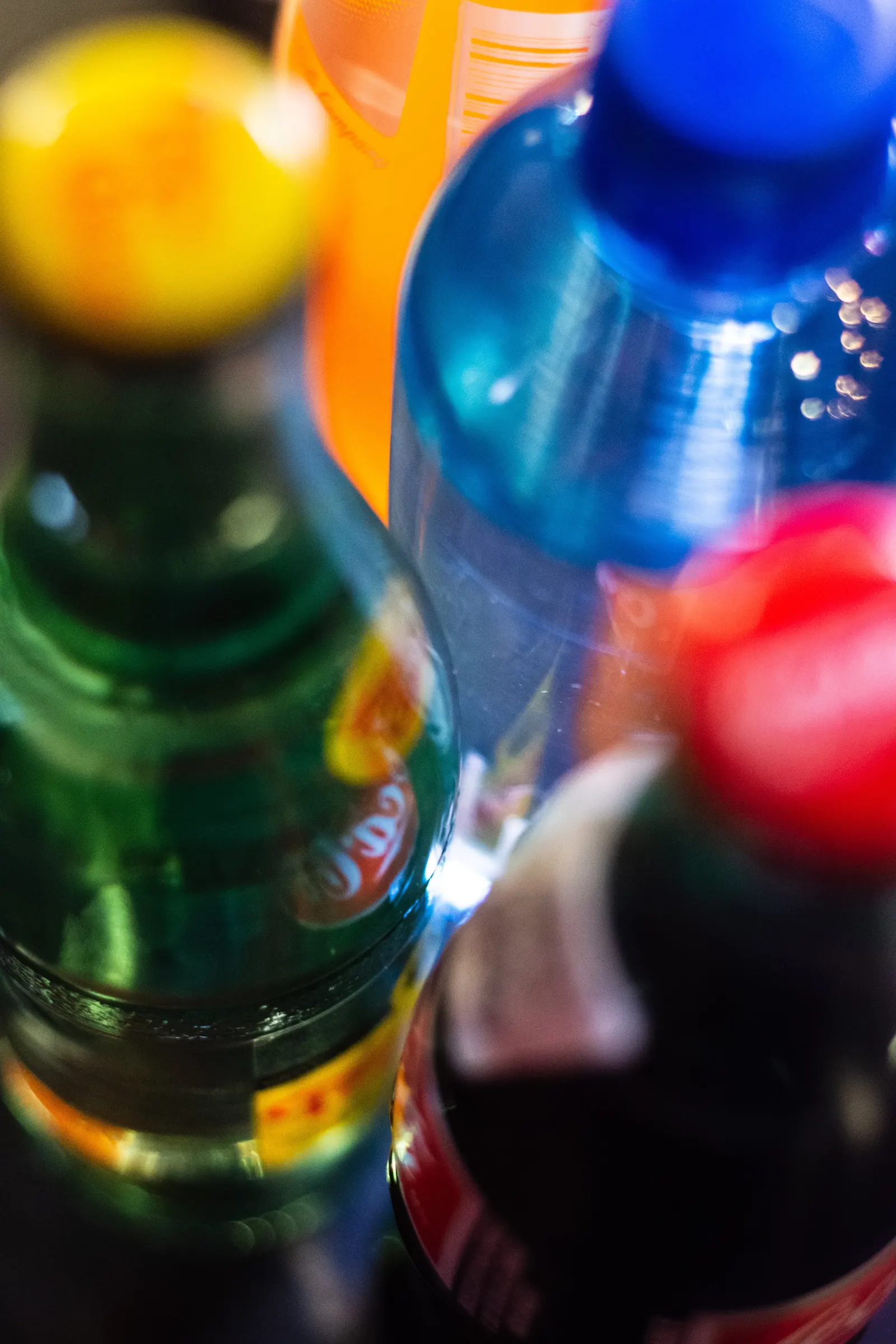 Colourful drink bottles close up